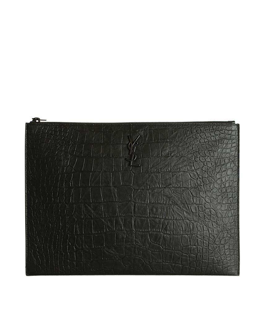 Yves Saint Laurent Large Crocodile Embossed Black Leather Clutch