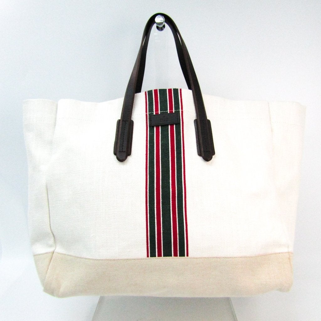 G*G White/Beige Canvas Large Web Tote (SHA-41208)
