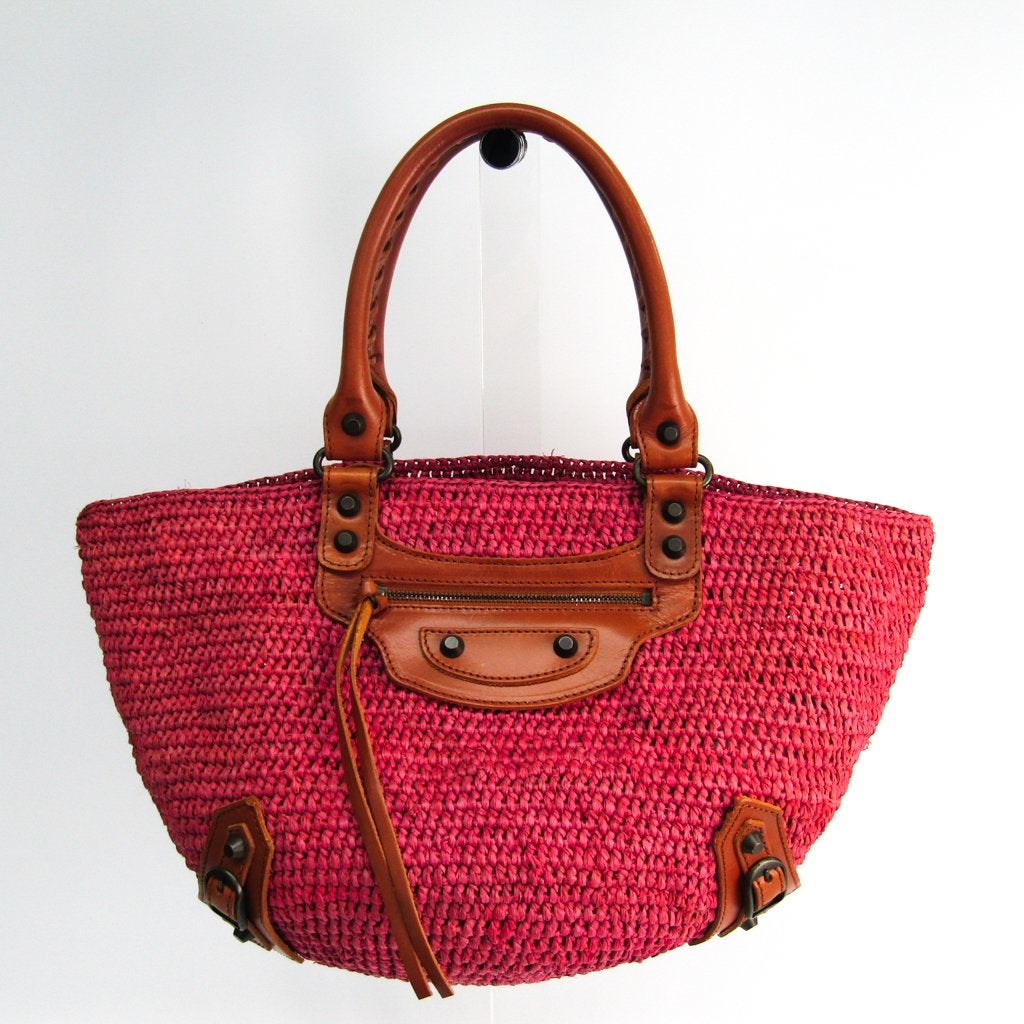 Balenciaga Pink Raffia Straw Panier Leather Basket Tote (SHA-47273)