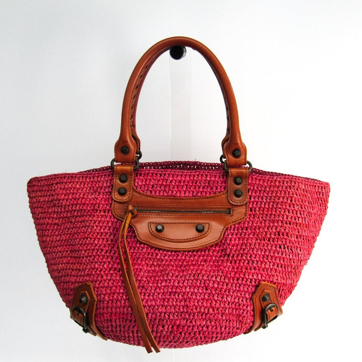Balenciaga Pink Raffia Straw Panier Leather Basket Tote (SHA-47273)