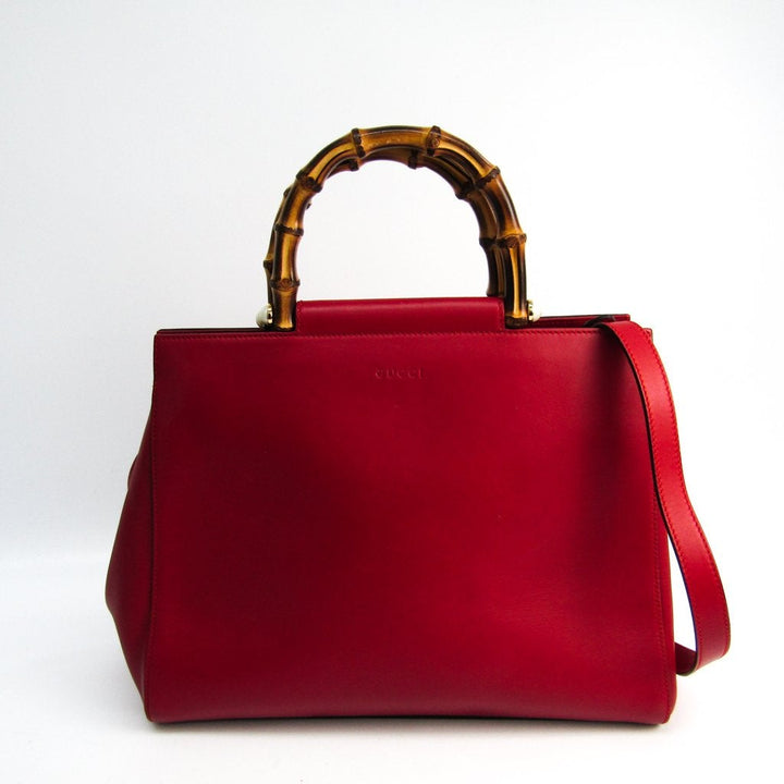 G*G Red Leather Bamboo Nymphaea Medium Tote Bag (SHA28031)