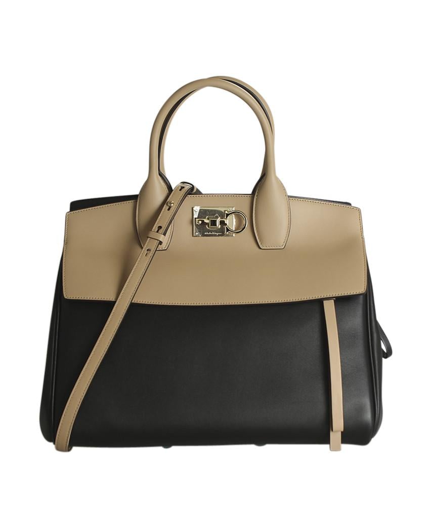Salvatore Ferragamo Studio Black & Beige Leather Shoulder Bag
