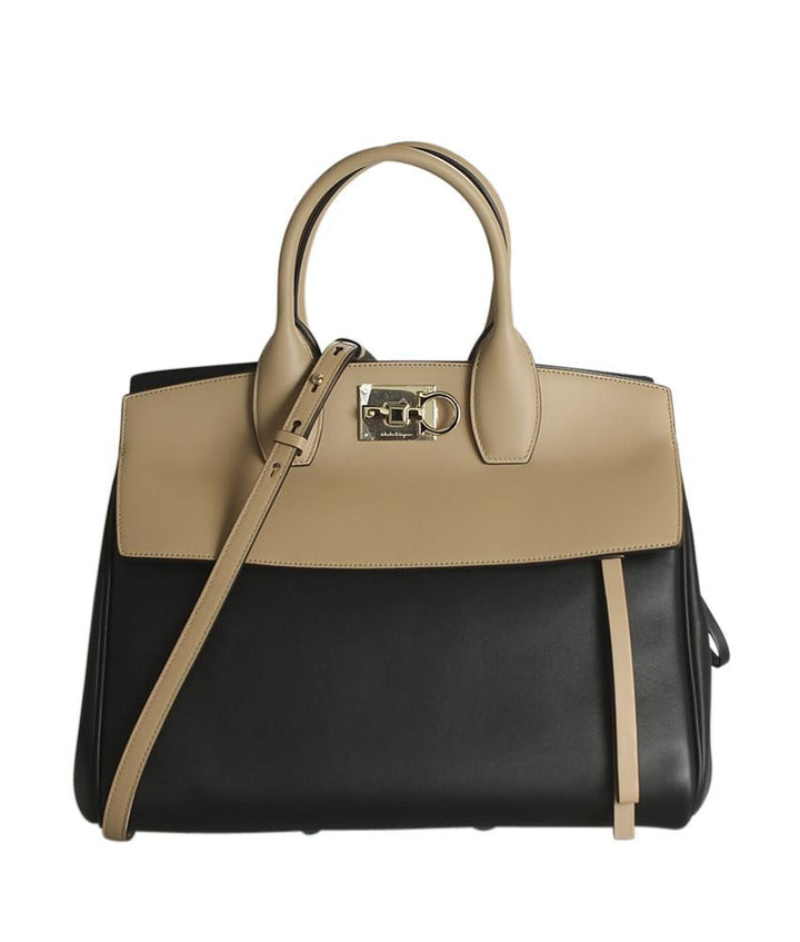Salvatore Ferragamo Studio Black & Beige Leather Shoulder Bag