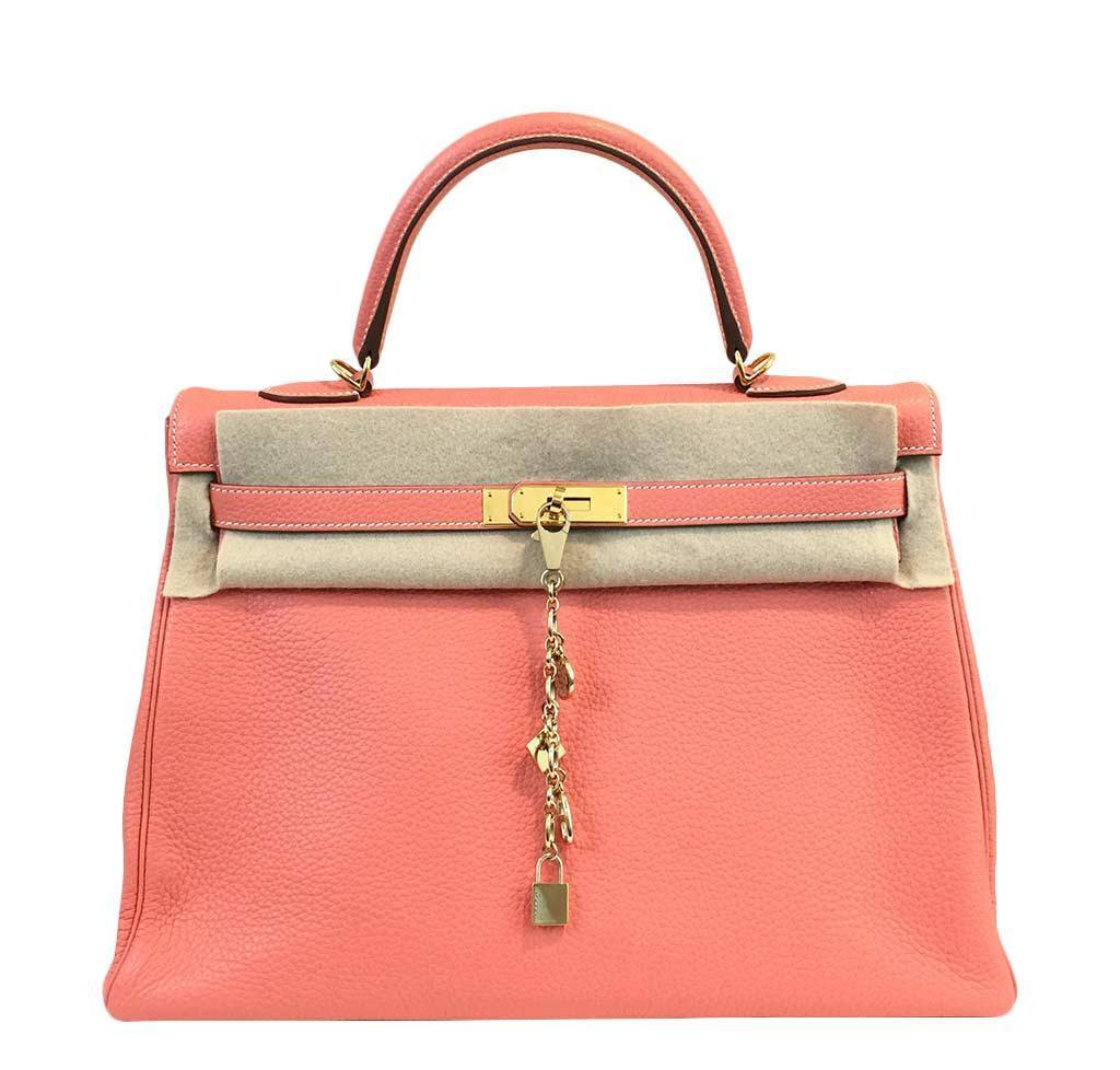 Hermès Kelly 35 Crevette Clemence Leather Bag GHW