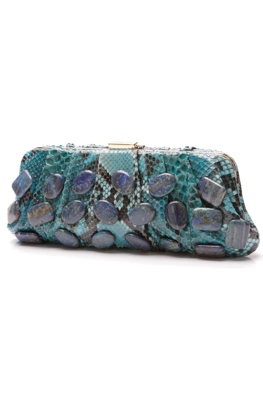Lapis Embellished Clutch - Turquoise Python