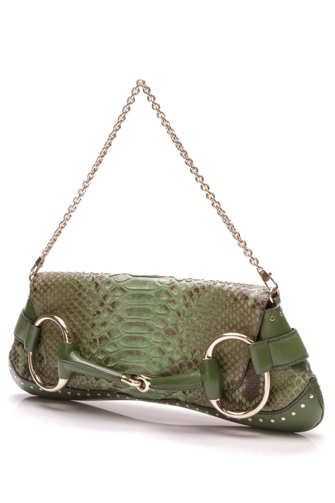 Large Horsebit Chain Clutch Bag - Green Python