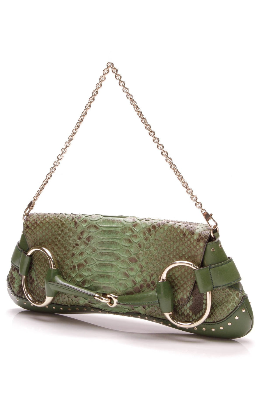 Large Horsebit Chain Clutch Bag - Green Python