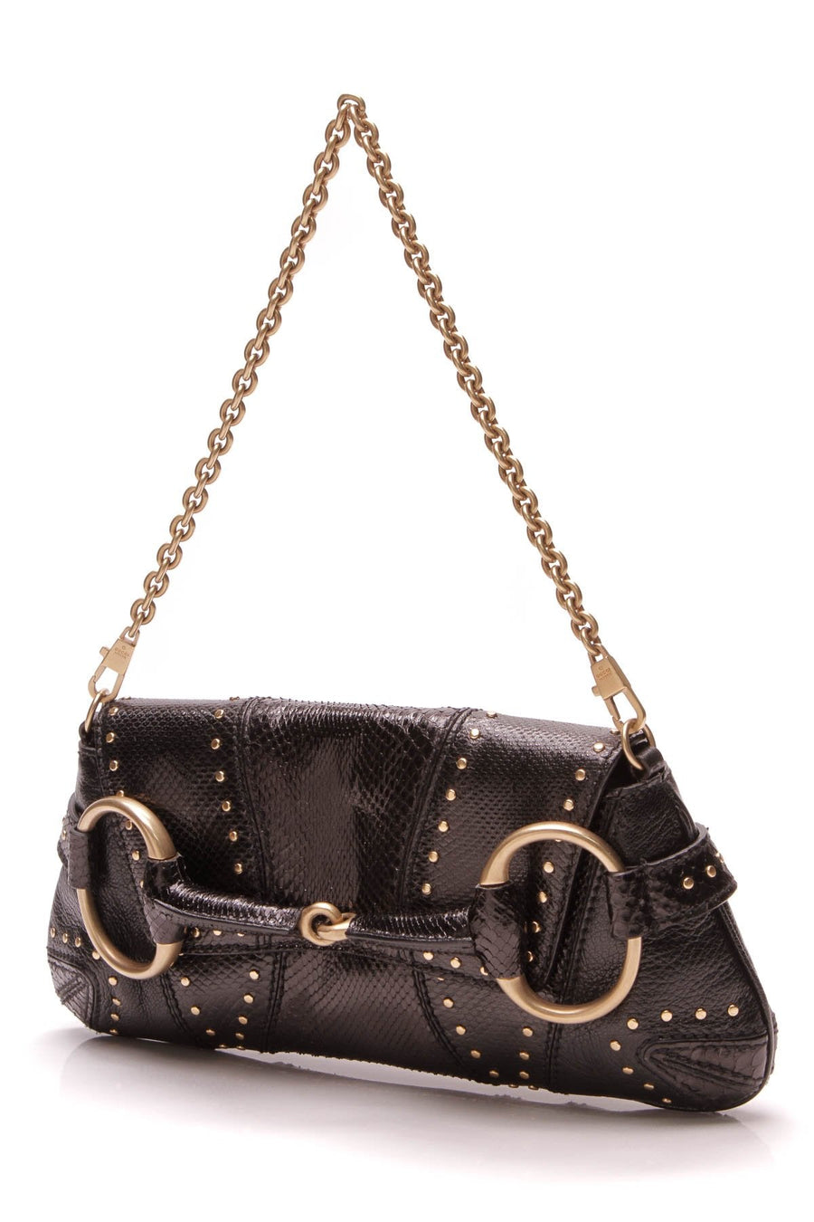 Horsebit Studded Chain Clutch Bag - Black Python