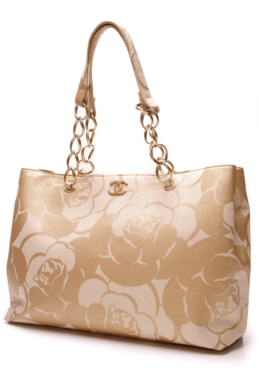 Straw Camellia Tote Bag - Beige/Gold