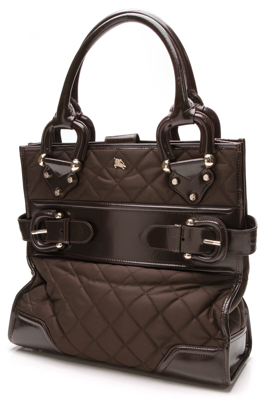 Quilted Nylon Double Buckle Tote Bag - Brown