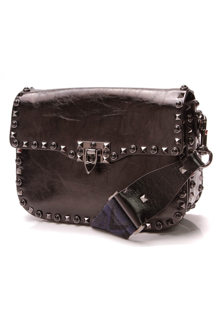 Guitar Strap Rockstud Crossbody Bag - Black Calfskin