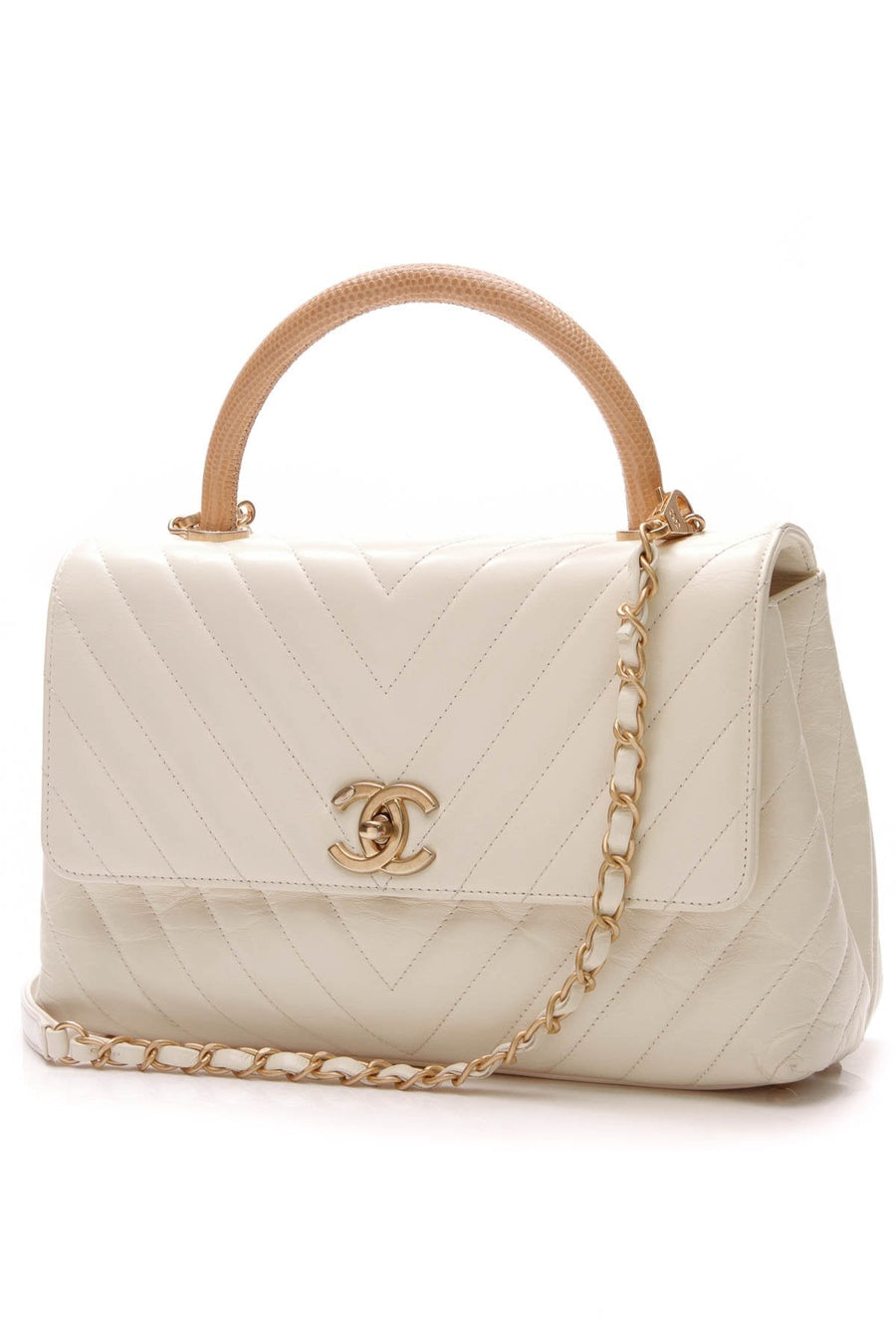 Chevron Small Coco Lizard Handle Bag - Ivory