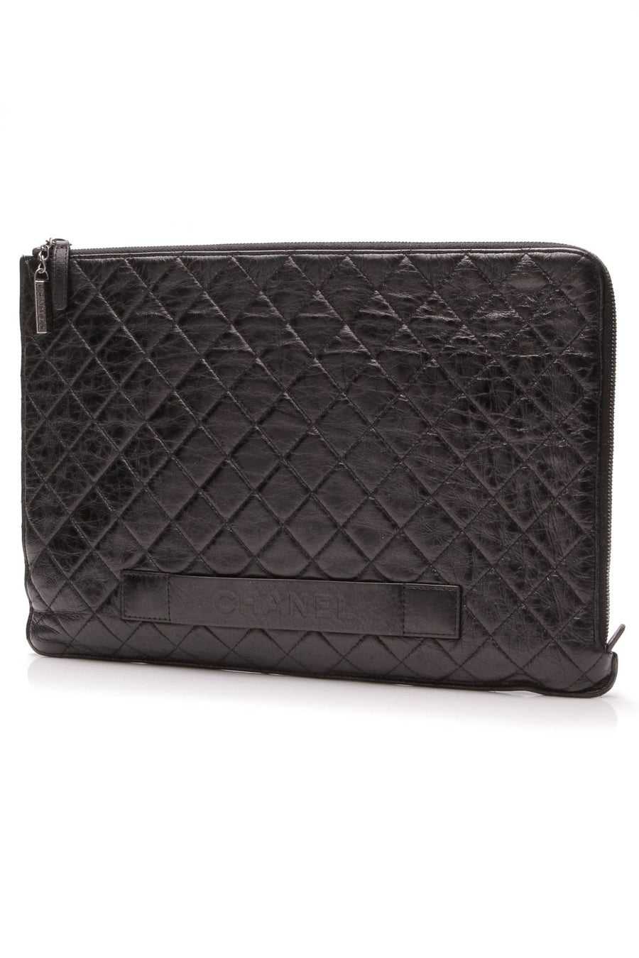 Metallic Crackled Large Pouch - Black Lambskin