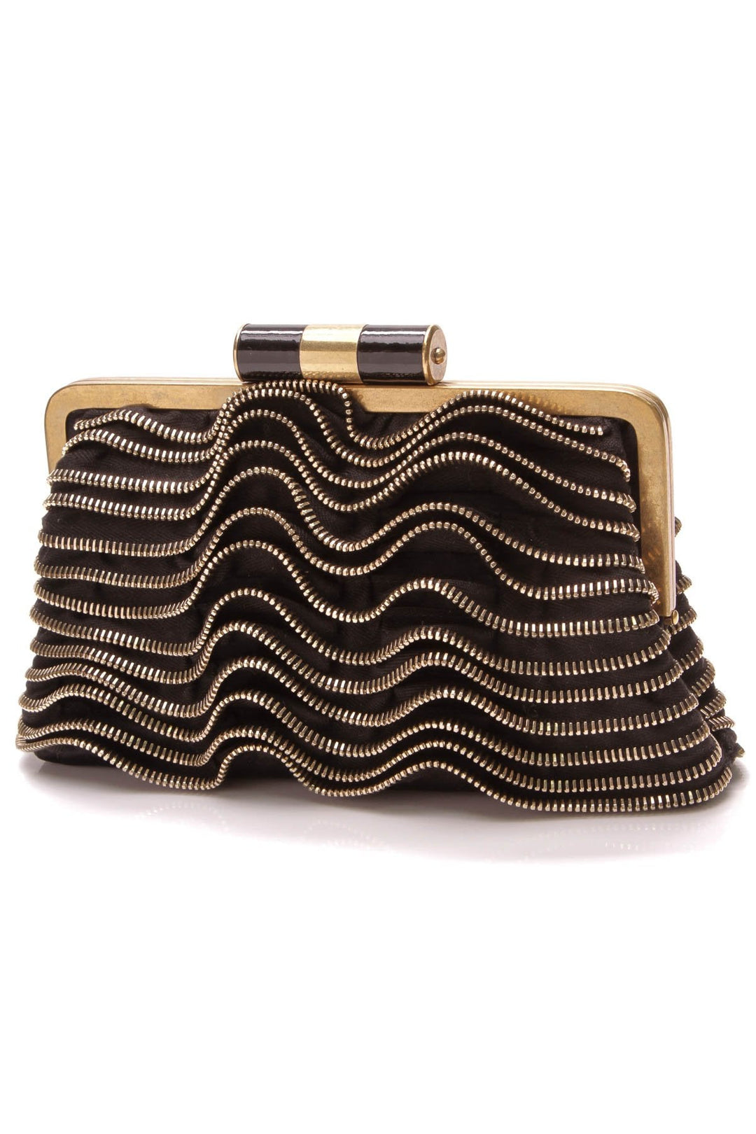 Zipper Ruffle Clutch Bag - Black Satin