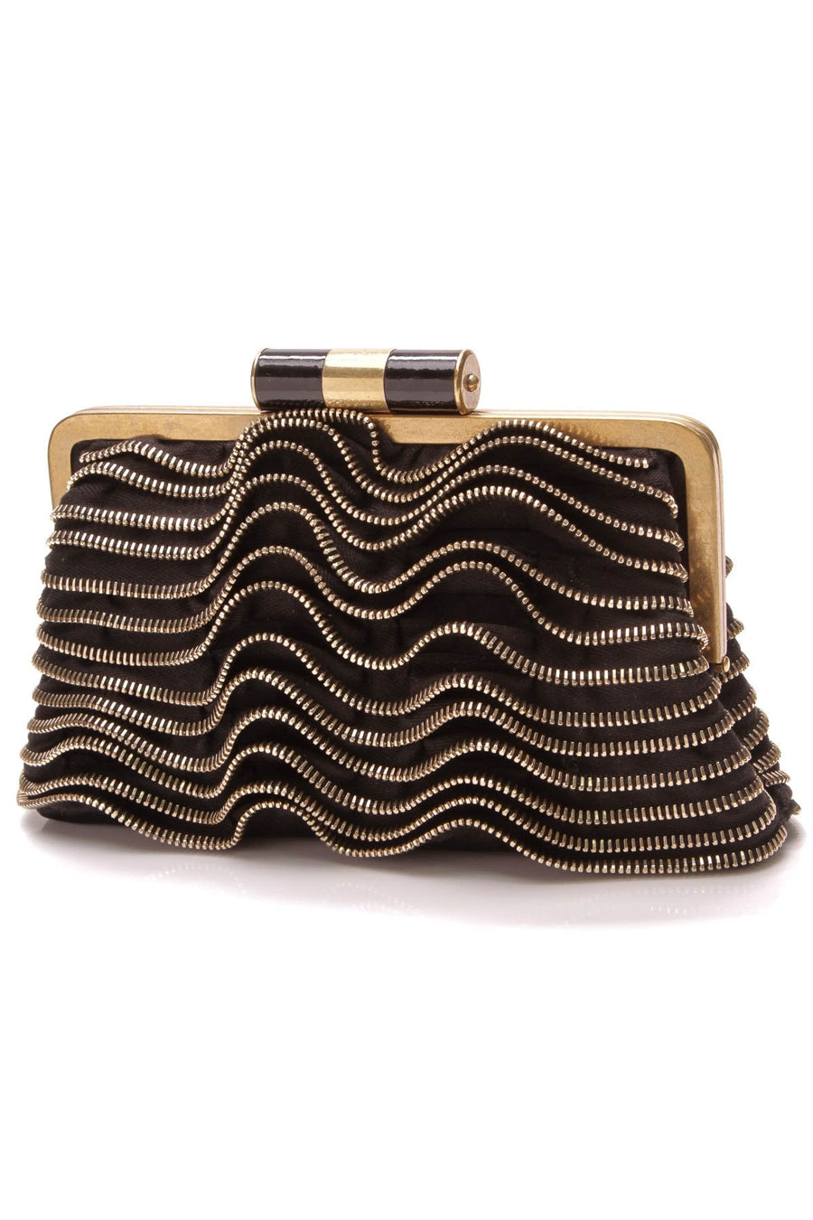 Zipper Ruffle Clutch Bag - Black Satin