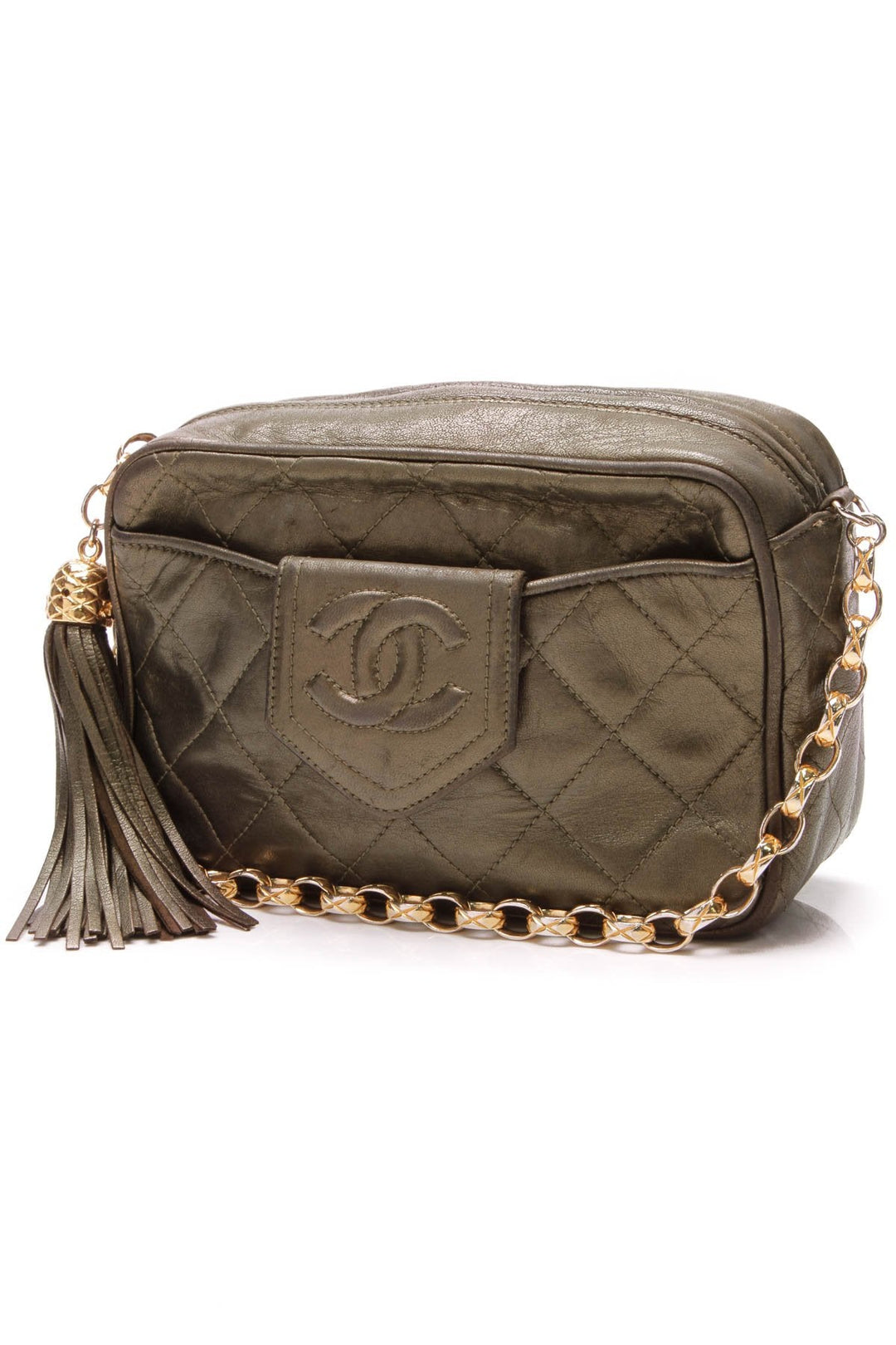 Vintage Quilted Camera Bag - Metallic Green