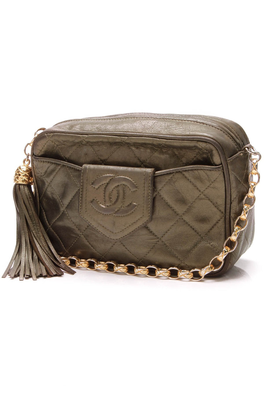 Vintage Quilted Camera Bag - Metallic Green