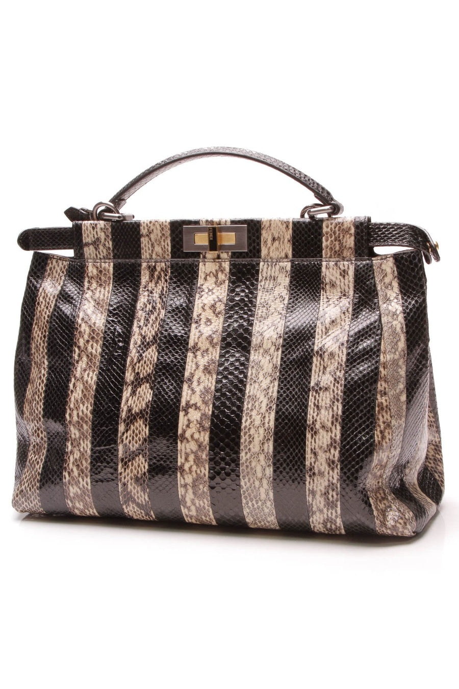 Striped Snakeskin Peekaboo Tote Bag - Black/Beige