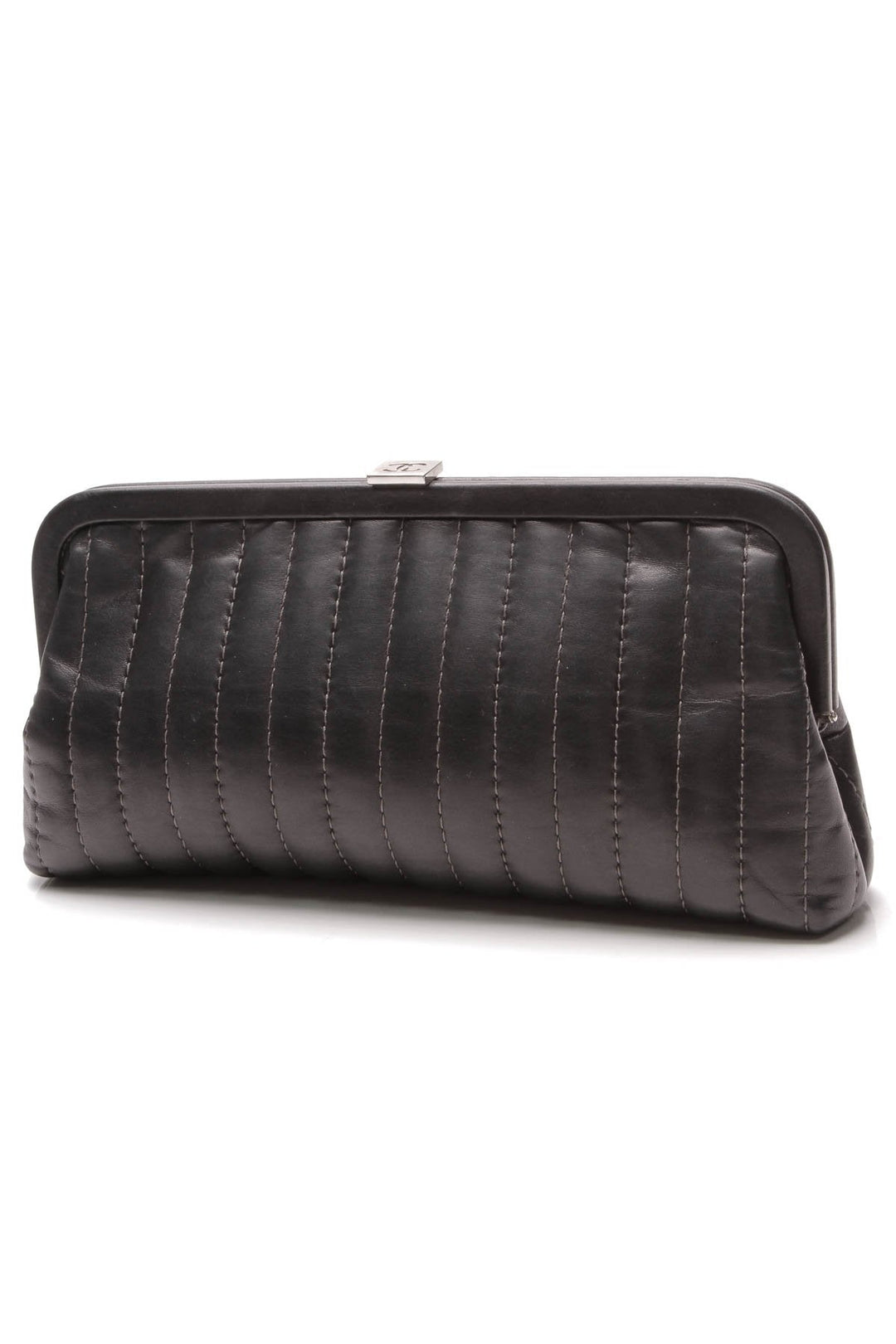 Vertical Stitch Kiss Lock Clutch Bag - Black