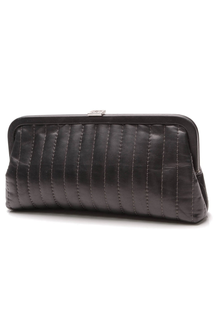 Vertical Stitch Kiss Lock Clutch Bag - Black