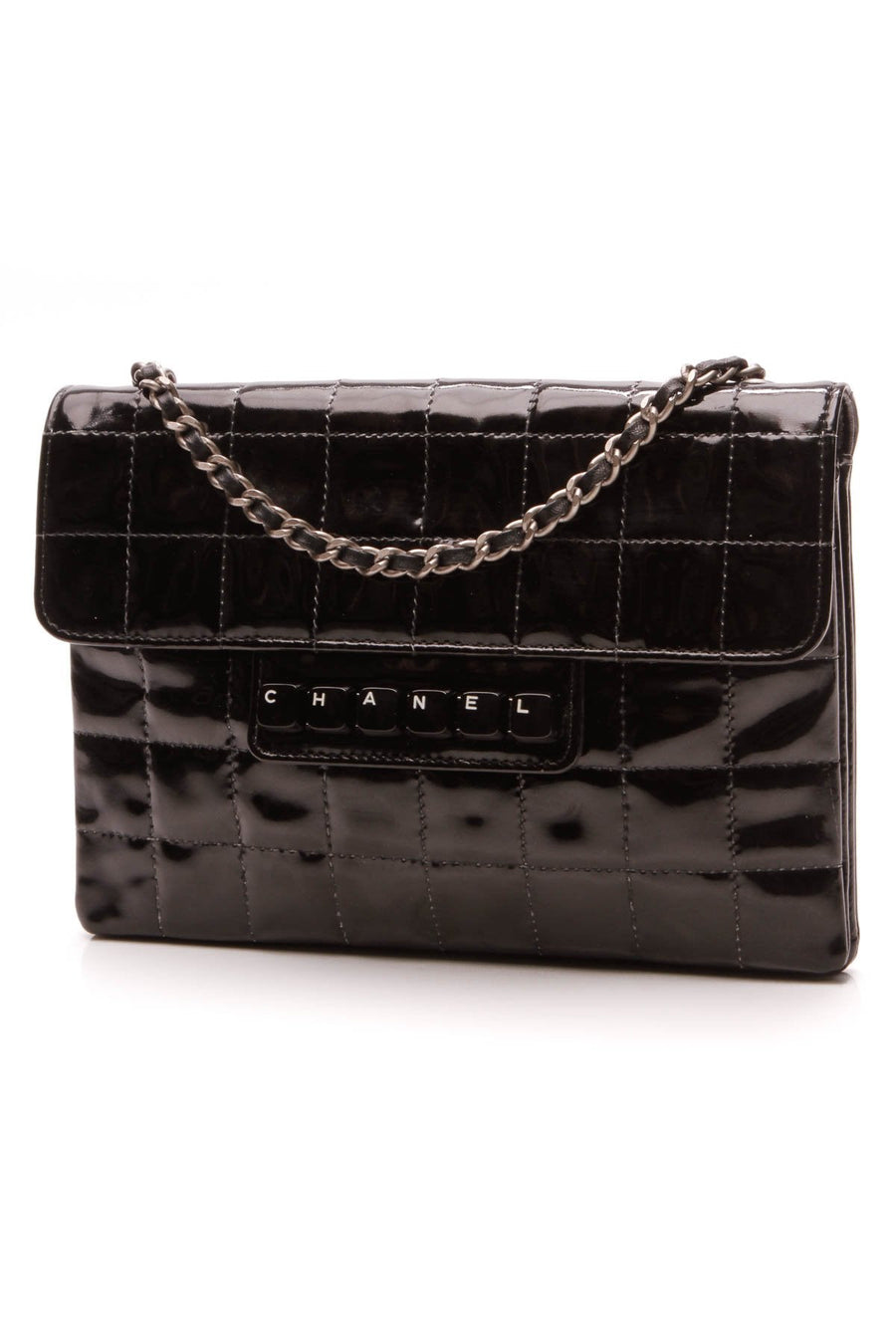 Quilted Typewriter Flap Bag - Black Patent