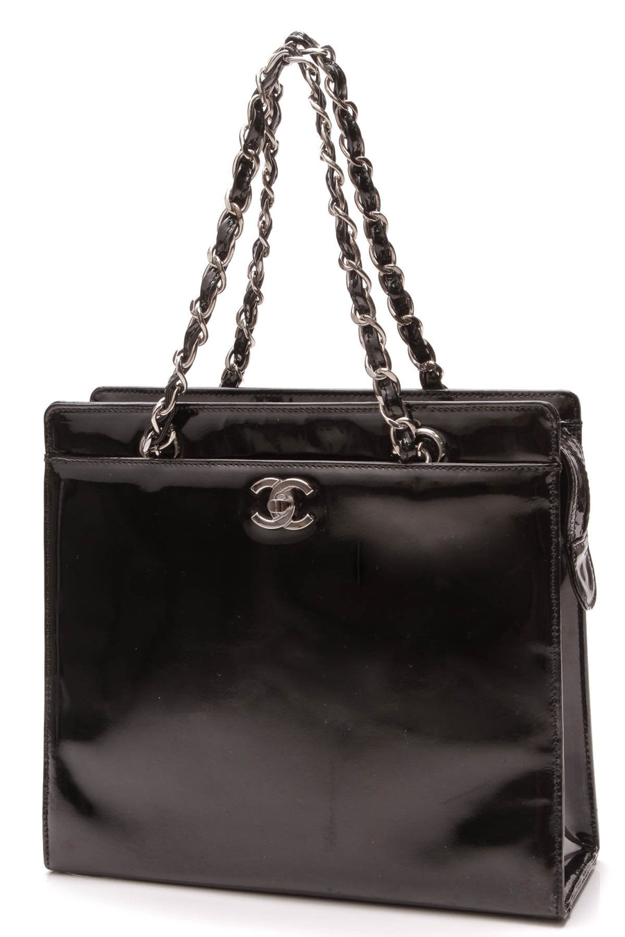 Vintage CC Chain Tote Bag - Black Patent