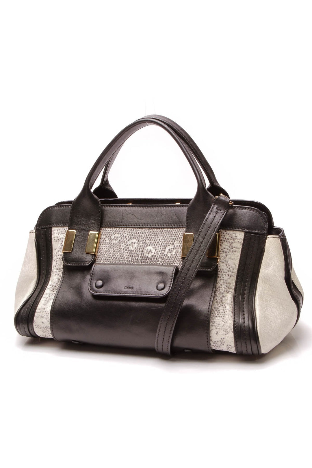 Lizard Embossed Mini Alice Satchel Bag - Black/White