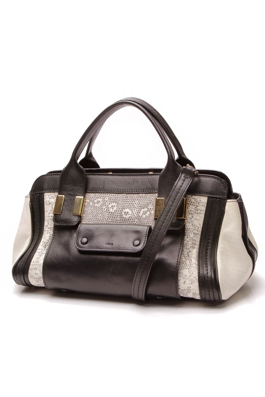 Lizard Embossed Mini Alice Satchel Bag - Black/White