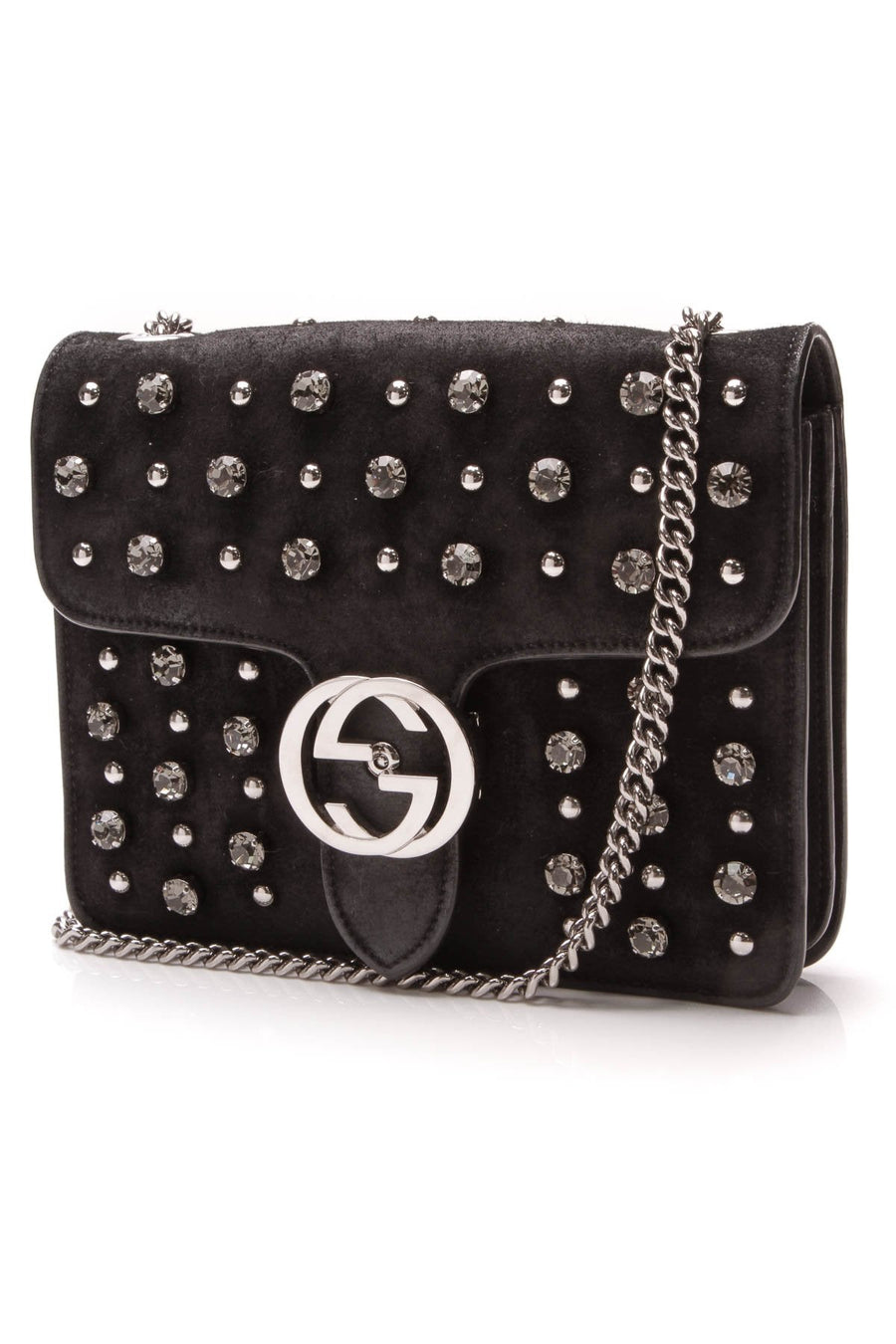Studded Crystal Interlocking G Bag - Black
