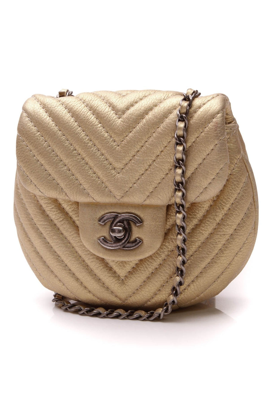Chevron Mini Round Flap Crossbody - Gold Lambskin