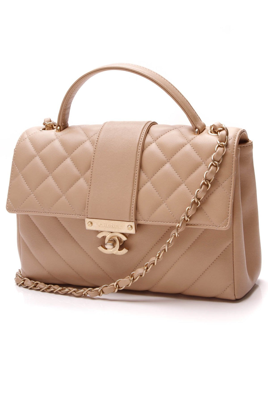 Quilted Top Handle Flap Bag - Beige