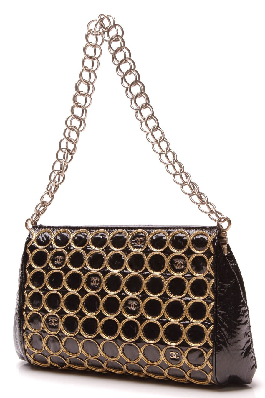 Rings Shoulder Bag - Black/Gold Patent