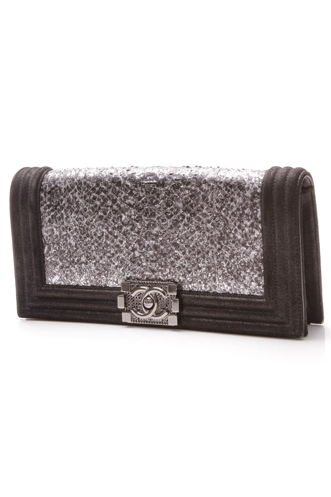 Python Boy Flap Clutch Bag - Black/Silver