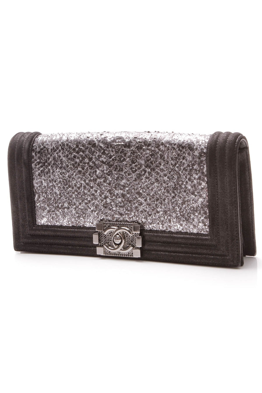 Python Boy Flap Clutch Bag - Black/Silver