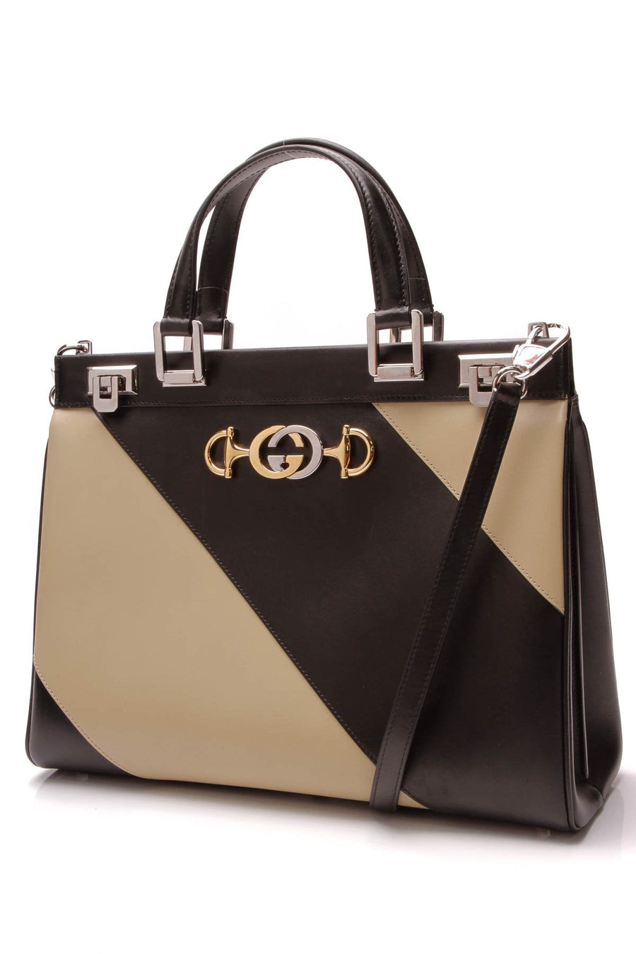 Diagonal Striped Medium Zumi Bag - Black/Beige