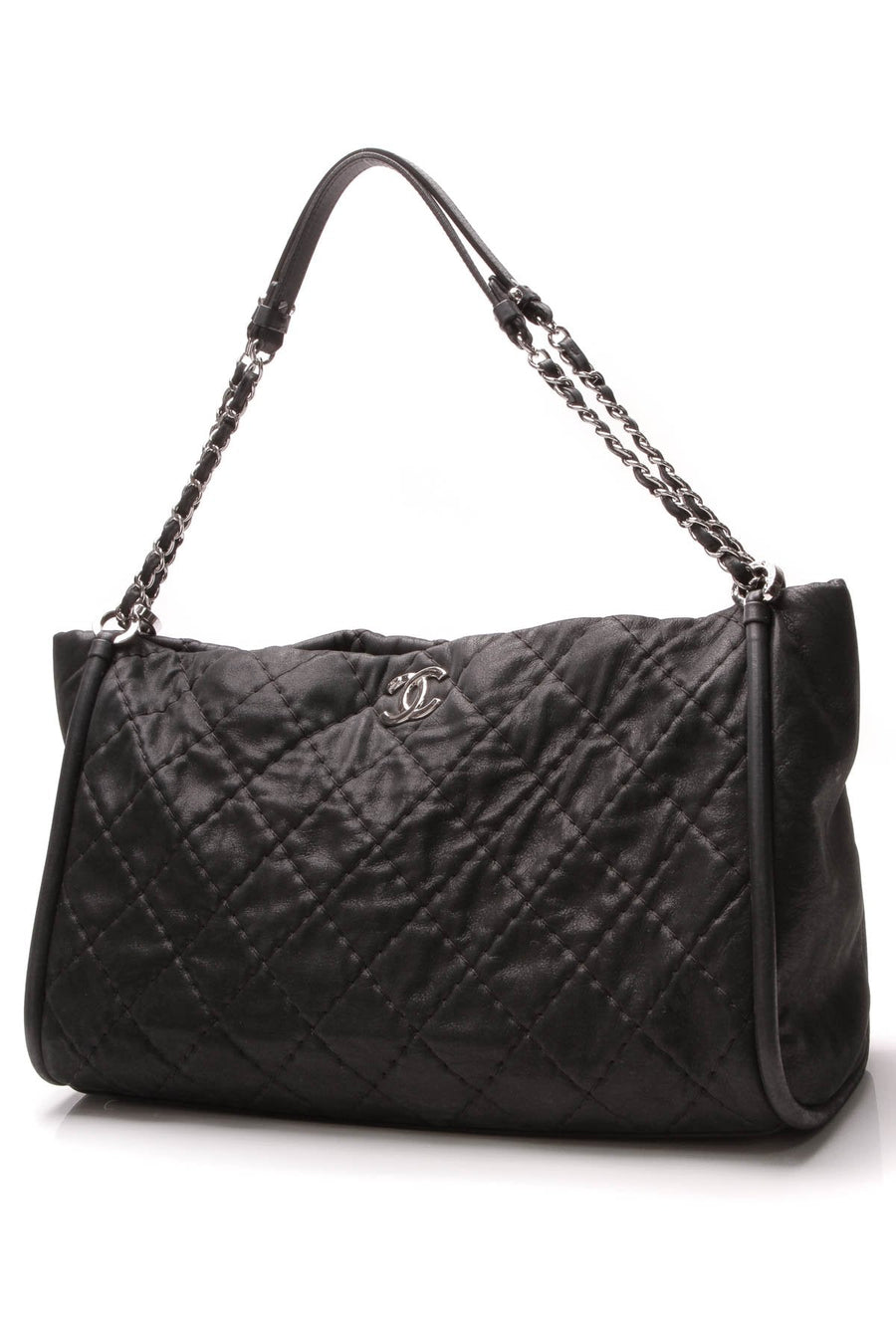 Quilted Shopping Tote Bag - Metallic Black