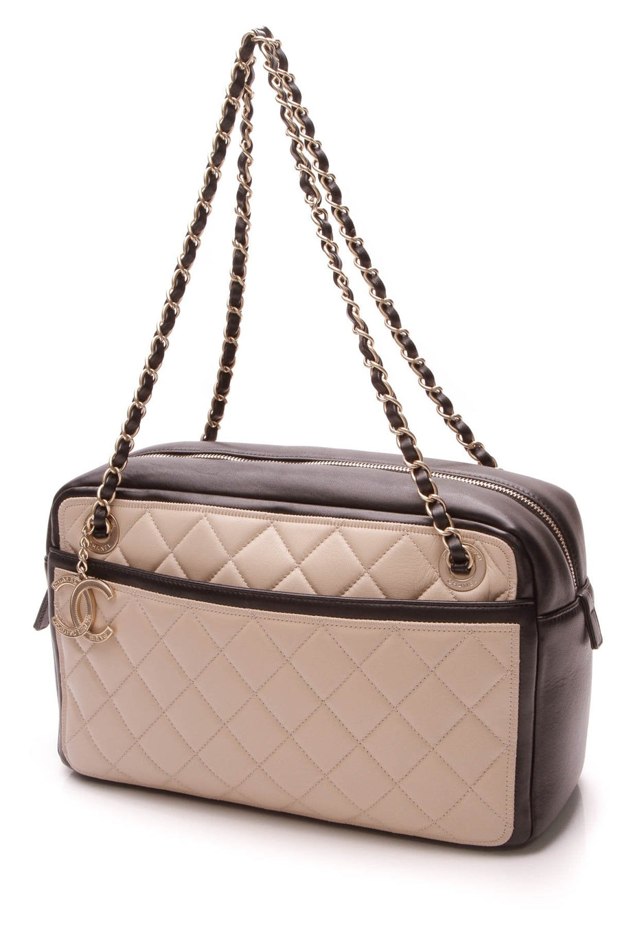 Quilted Graphic Camera Case Bag - Beige/Black