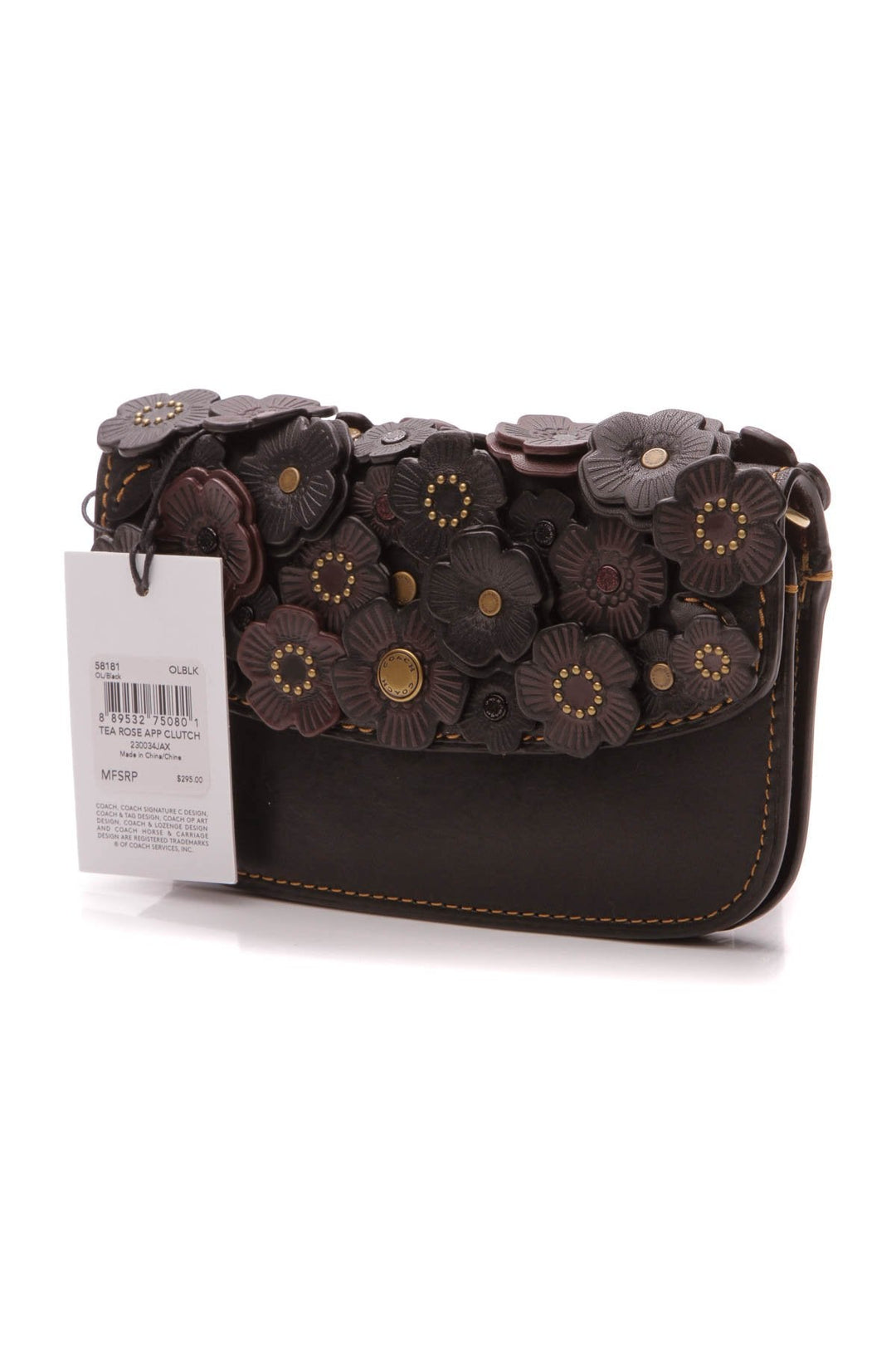 Tea Rose Applique Clutch Bag - Black