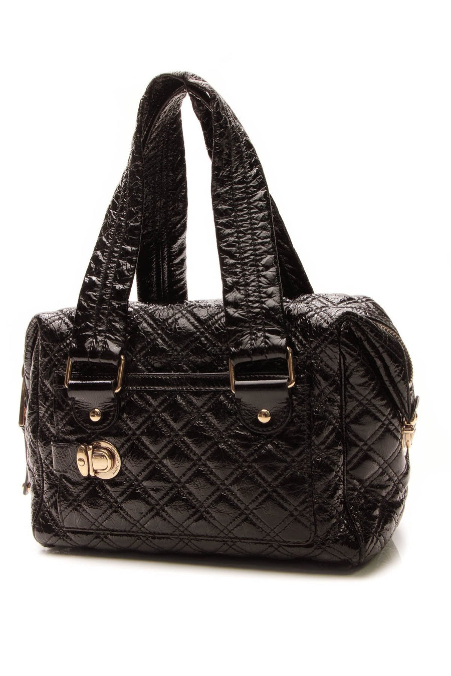 Quilted Top Handle Bag - Black Patent