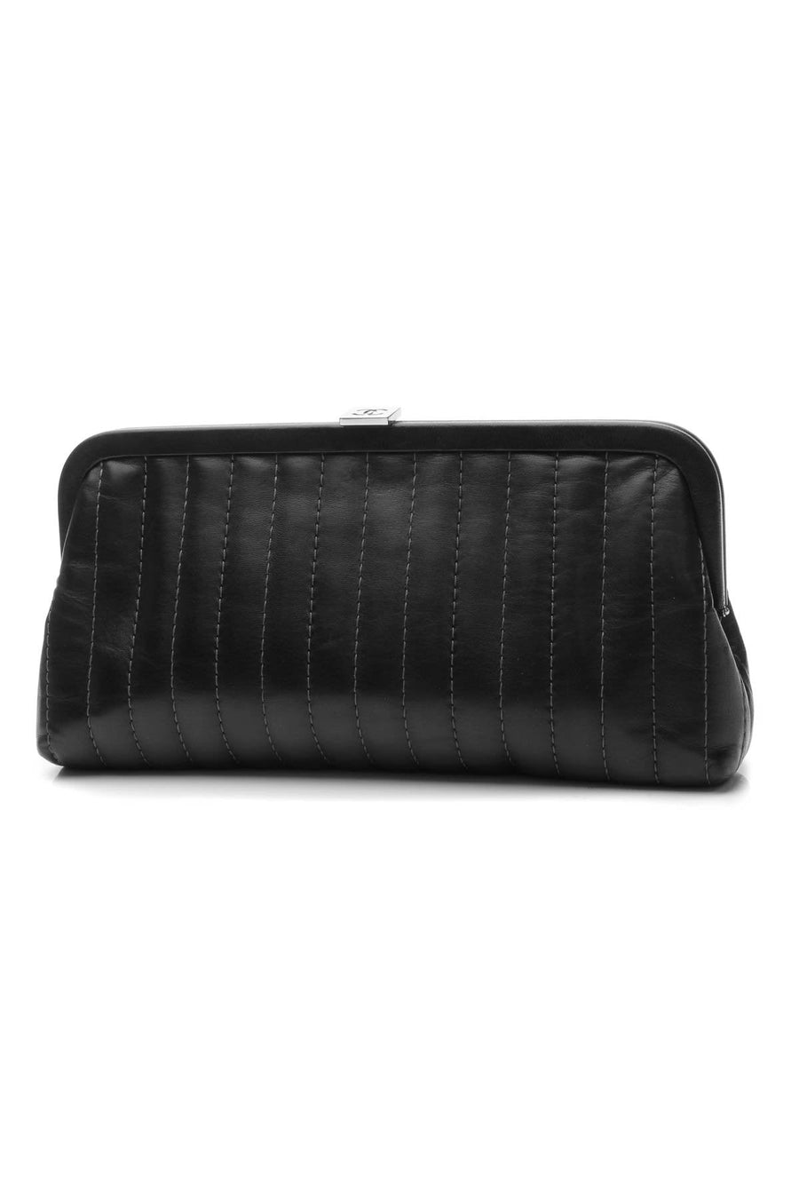 Vertical Stitch Kiss Lock Clutch Bag - Black