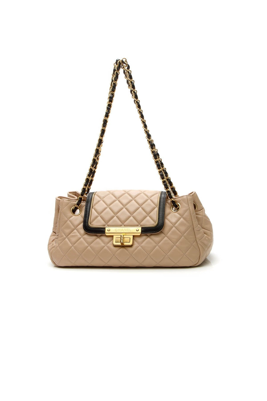 Quilted East/West Accordion Flap Bag - Beige/Black