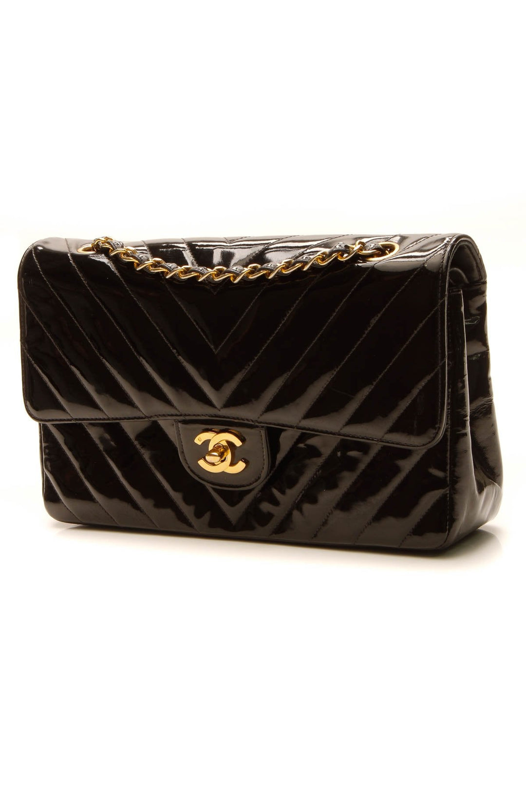 Vintage Chevron Medium Double Flap Bag - Black