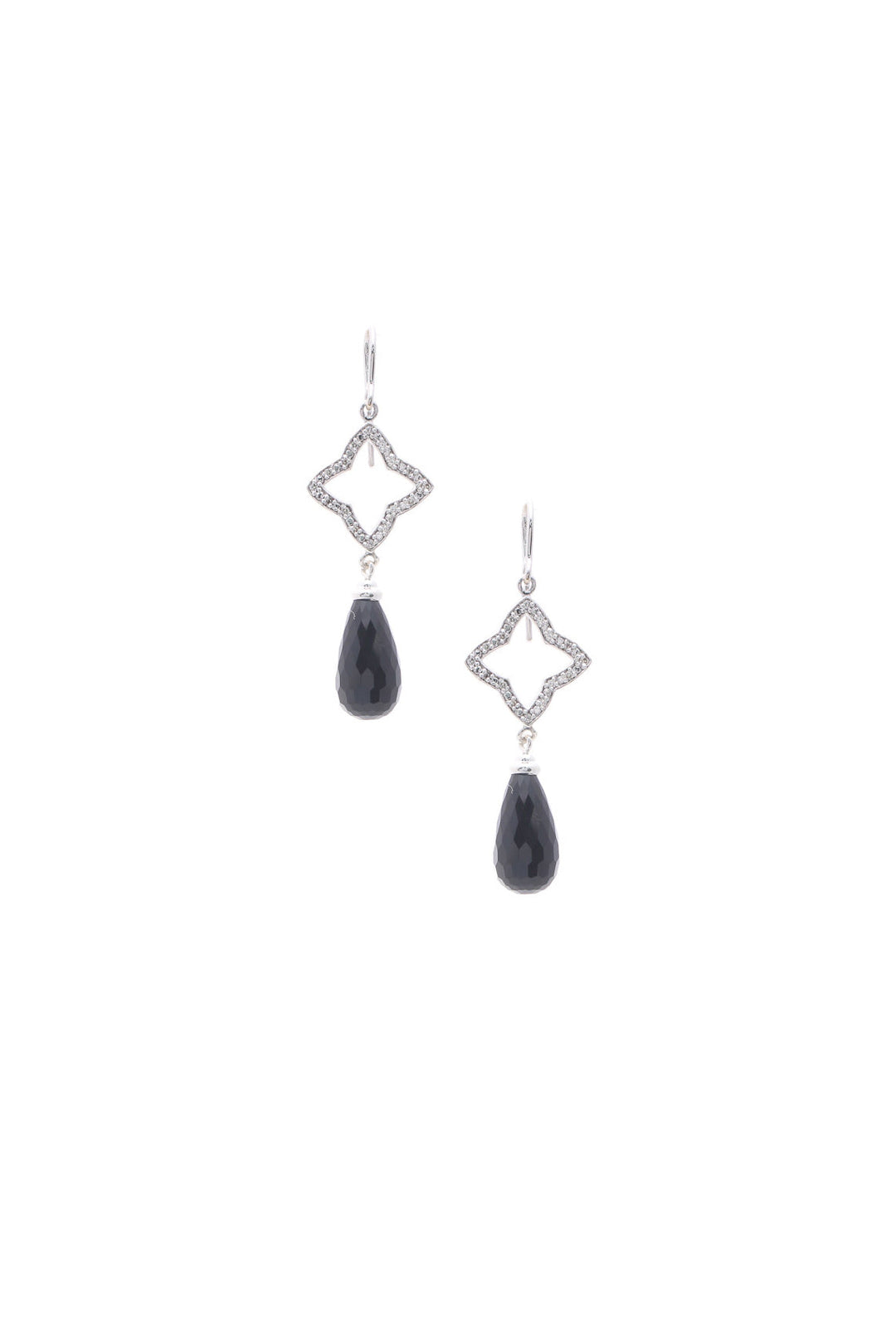 Diamond & Black Onyx Quatrefoil Drop Earrings - Silver