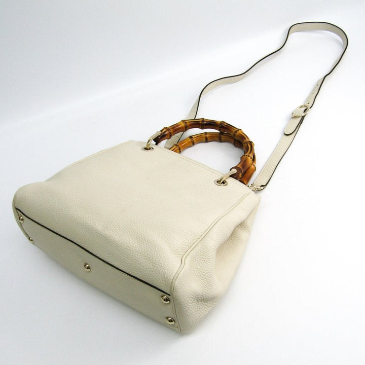 G*G White Leather Bamboo Shopper Tote Medium (SHA-28857)