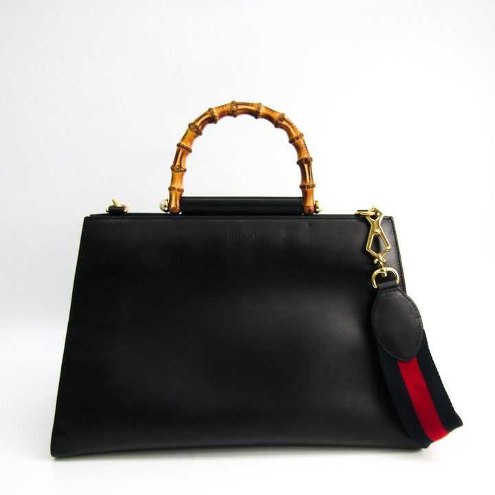 G*G Black Leather Bamboo Nymphaea Medium Tote (SHA-28029)