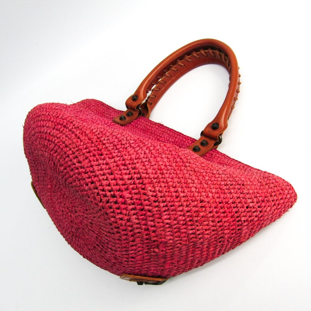 Balenciaga Pink Raffia Straw Panier Leather Basket Tote (SHA-47273)