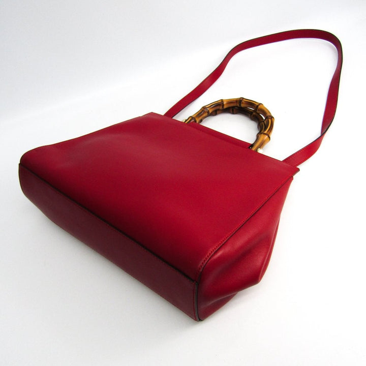G*G Red Leather Bamboo Nymphaea Medium Tote Bag (SHA28031)