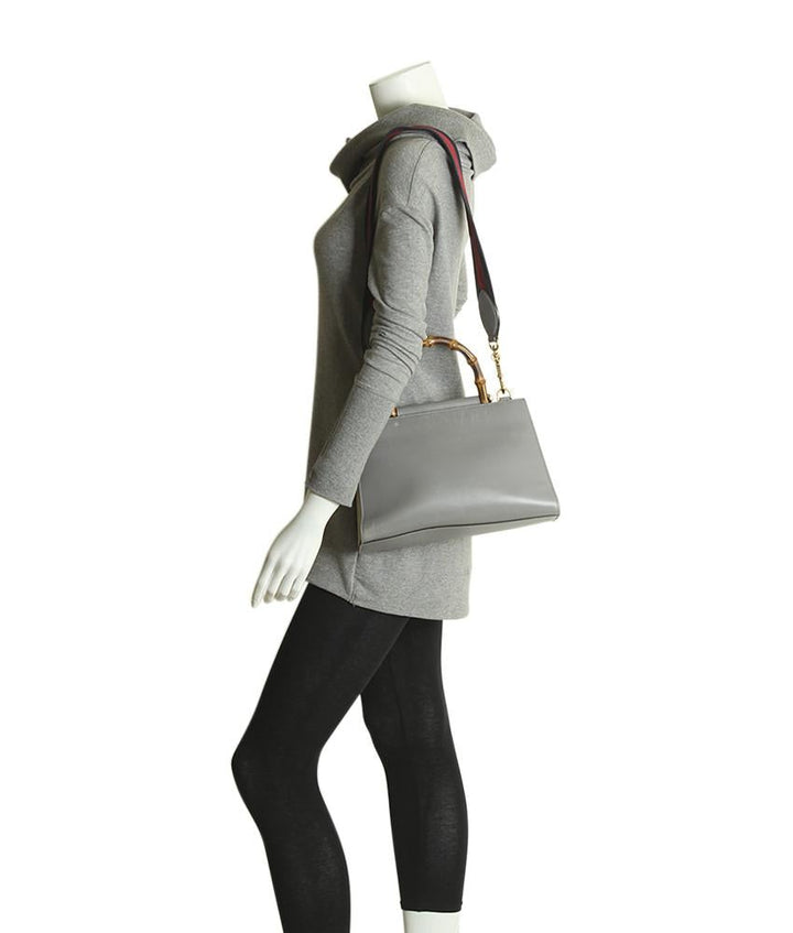 G*G 459076 Nymphaea Bamboo Top Handle Grey Leather Shoulder Bag