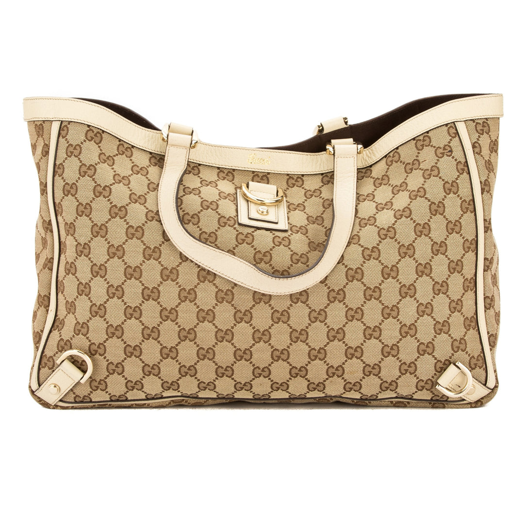G*G Ivory Leather GG Supreme Canvas Tote Bag (Pre Owned)