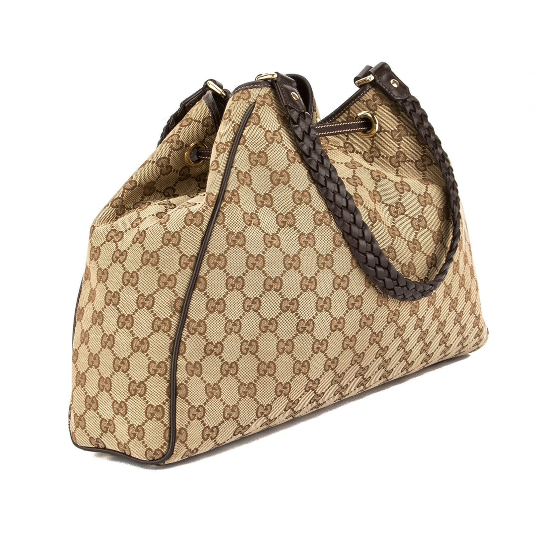 G*G Brown Leather GG Supreme Canvas Peggy Tote (Pre Owned)